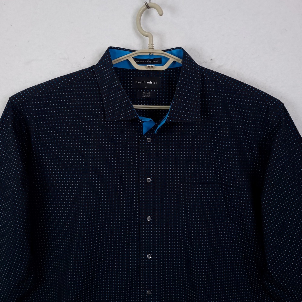 Paul Fredrick Button Down Mens 18.5 x 35 Navy Blue Micro Dot Non-Iron  Shirt